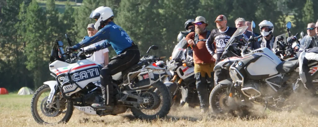 Bret applying maximum braking on his Ducati DesertX during Oregon Adventure Training.