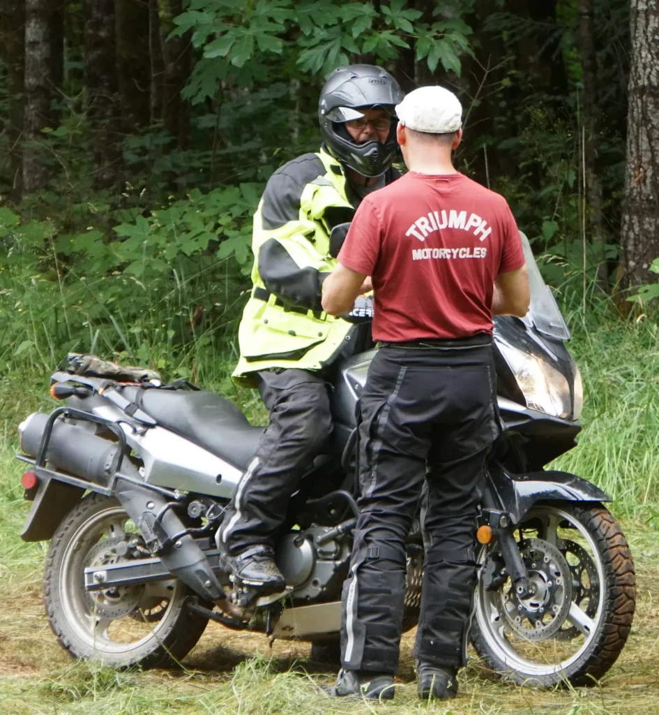 Bret Tkacs teaching a student at his ADV motorcycle training.