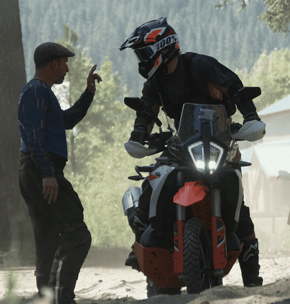 Bret talking to a rider at a Washington adventure training course
